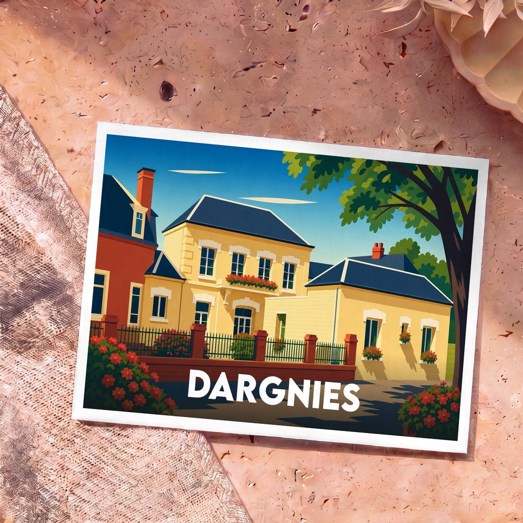 Carte postale souvenir de la ville de Dargnies avec une illustration stylisée d'une grande maison de maître.