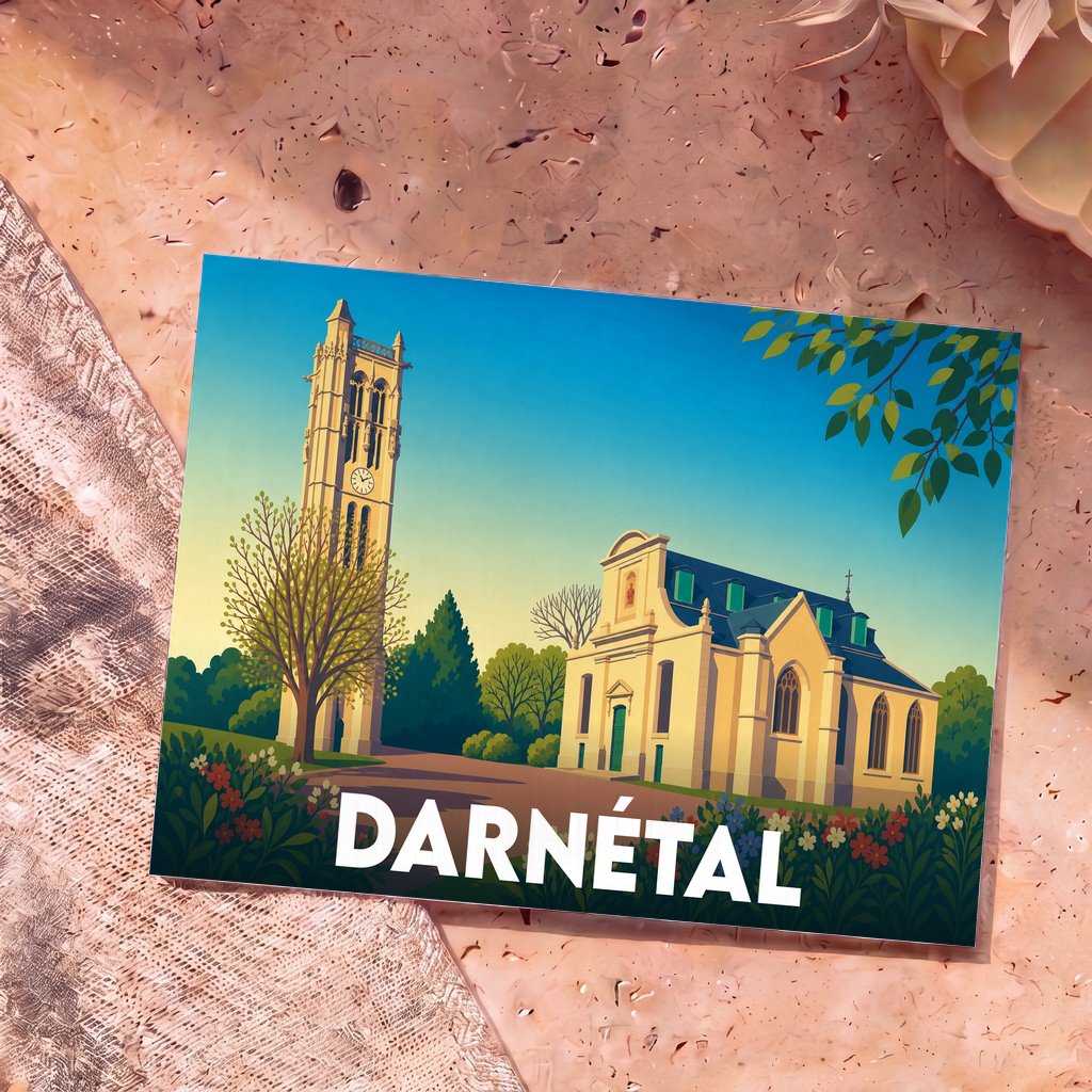Carte postale souvenir de la ville de Darnétal avec une illustration stylisée de son église et de sa tour.