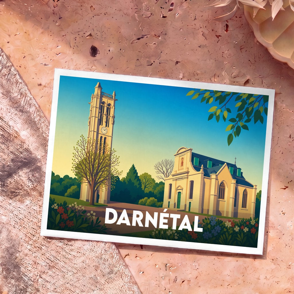 Carte postale souvenir de la ville de Darnétal avec une illustration stylisée de son église et de sa tour.