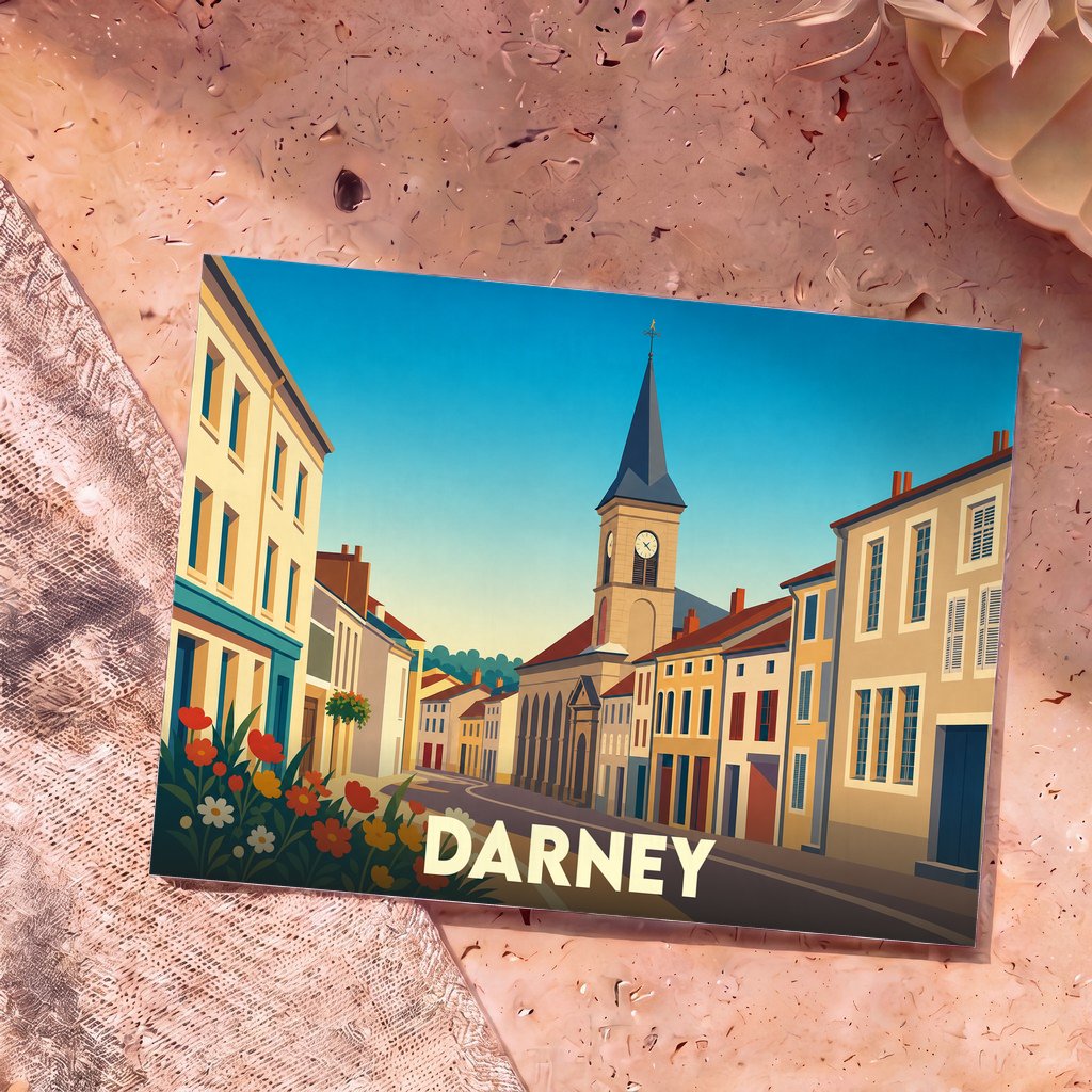 Carte postale souvenir de la ville de Darney avec une illustration stylisée et colorée de son centre historique.
