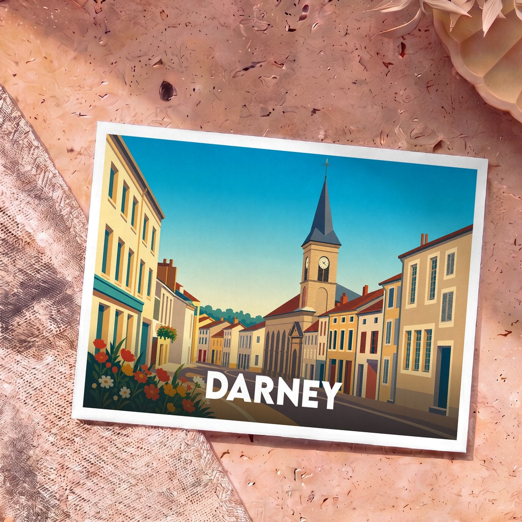 Carte postale souvenir de la ville de Darney avec une illustration stylisée et colorée de son centre historique.