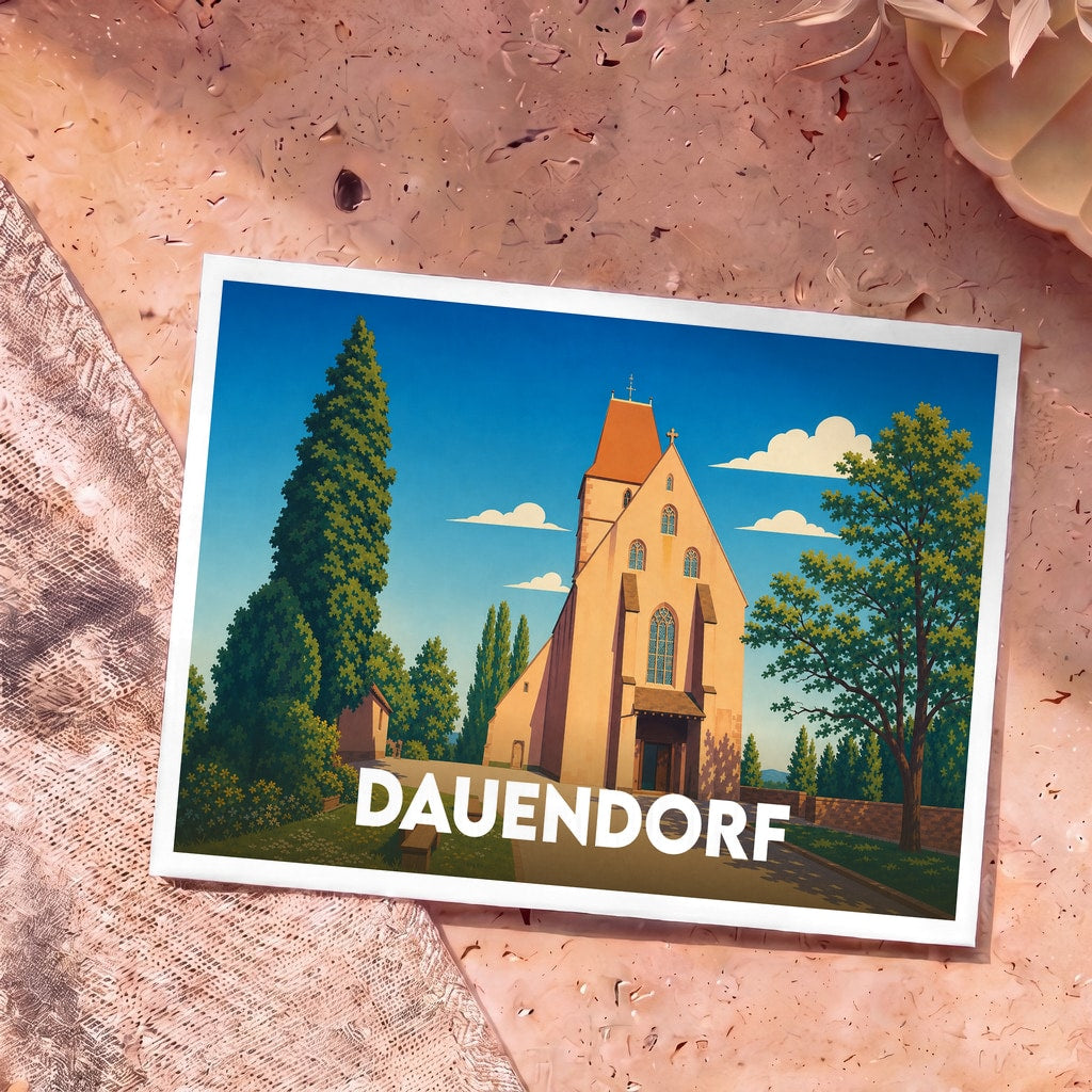 Carte postale souvenir de la ville de Dauendorf avec une illustration stylisée de son église sous un ciel bleu.
