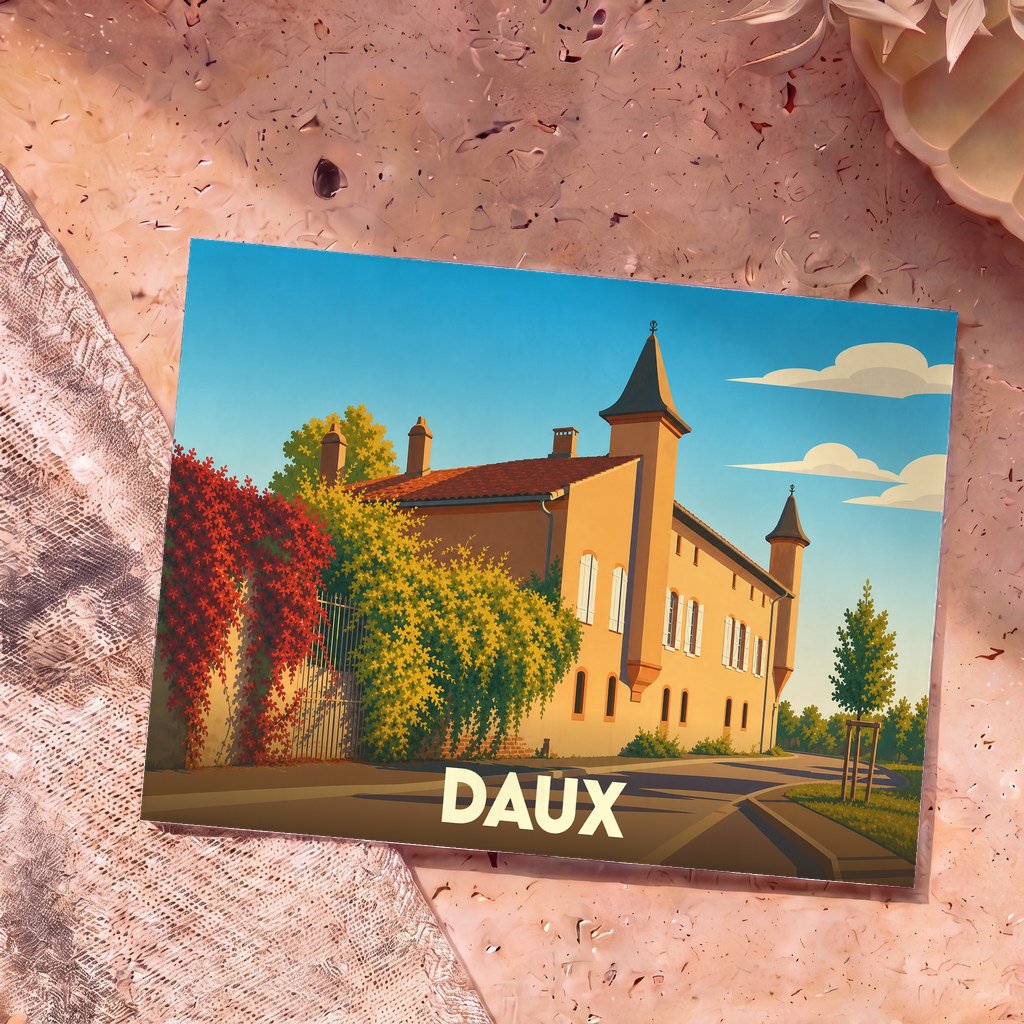 Carte postale souvenir de la ville de Daux avec une illustration stylisée de son château sous un ciel azur.