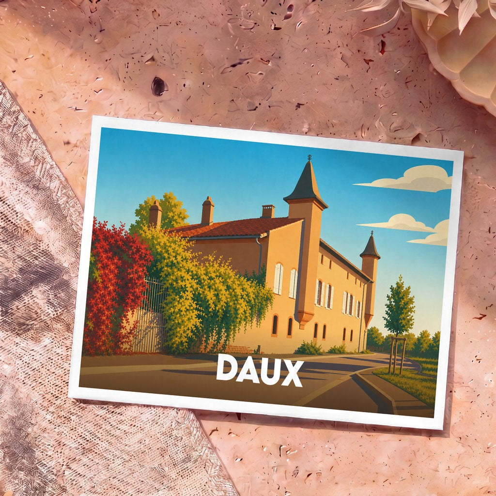 Carte postale souvenir de la ville de Daux avec une illustration stylisée de son château sous un ciel azur.