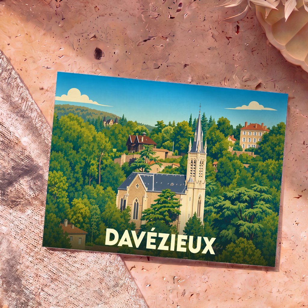 Carte postale souvenir de la ville de Davézieux avec une illustration stylisée de son église entourée de verdure.