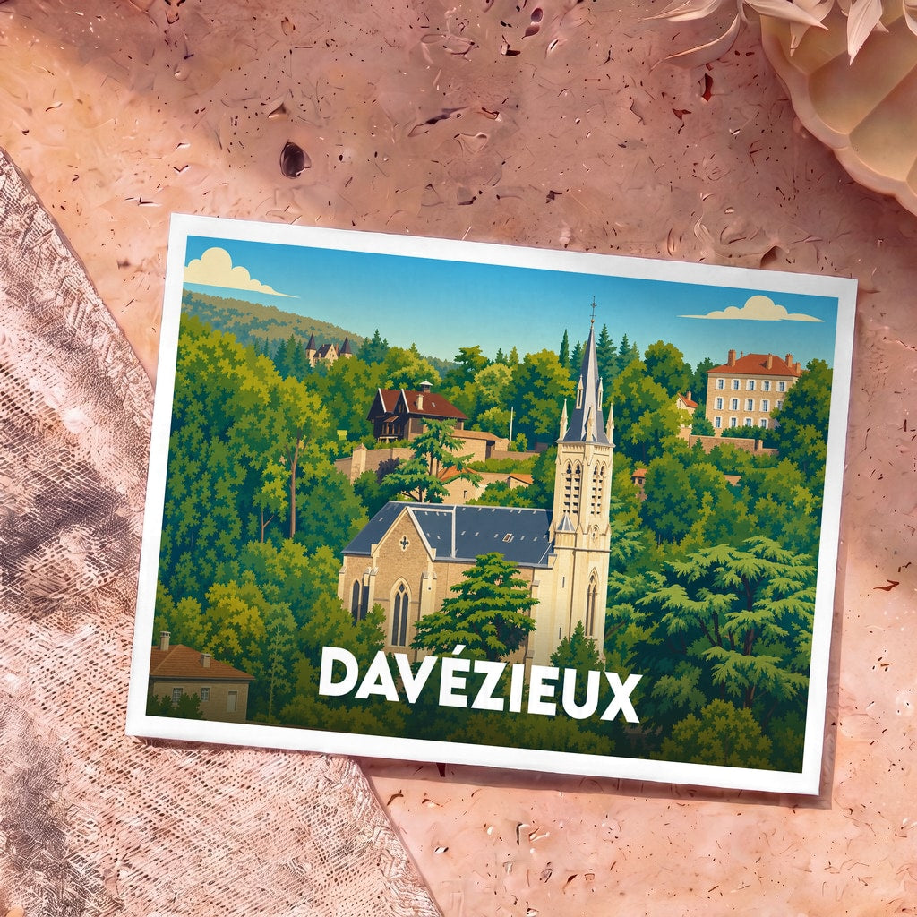 Carte postale souvenir de la ville de Davézieux avec une illustration stylisée de son église entourée de verdure.