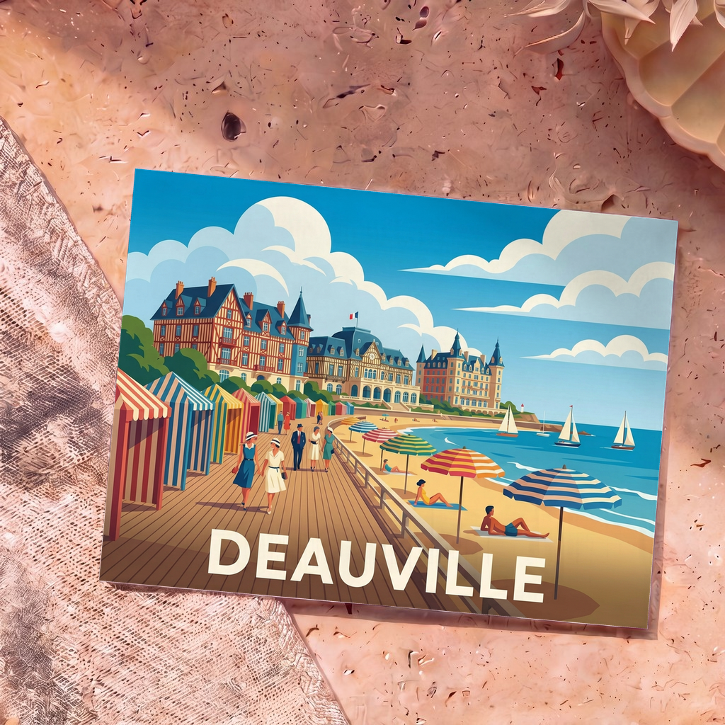 Carte postale souvenir de la ville de Deauville illustrant sa célèbre promenade et ses parasols colorés dans un style vintage.