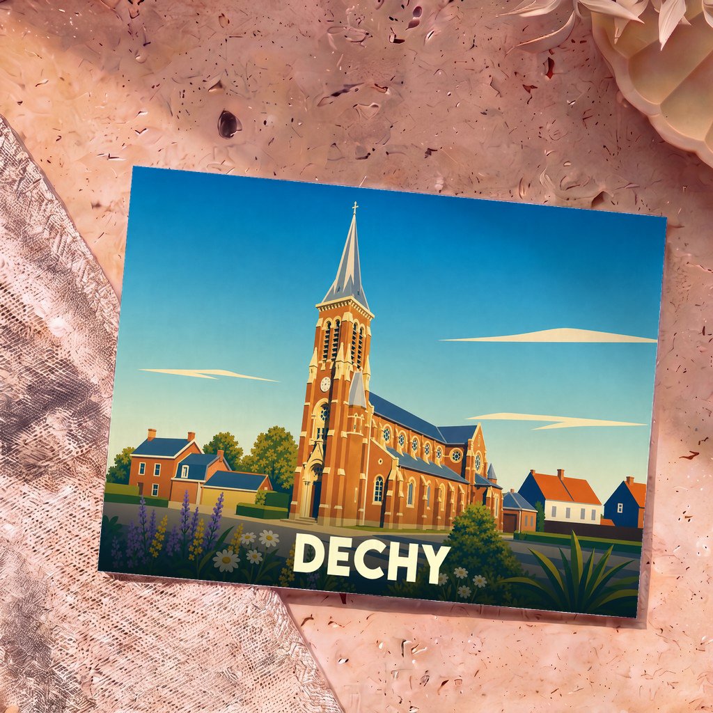 Carte postale souvenir de la ville de Dechy avec une illustration stylisée de son église et de ses maisons.