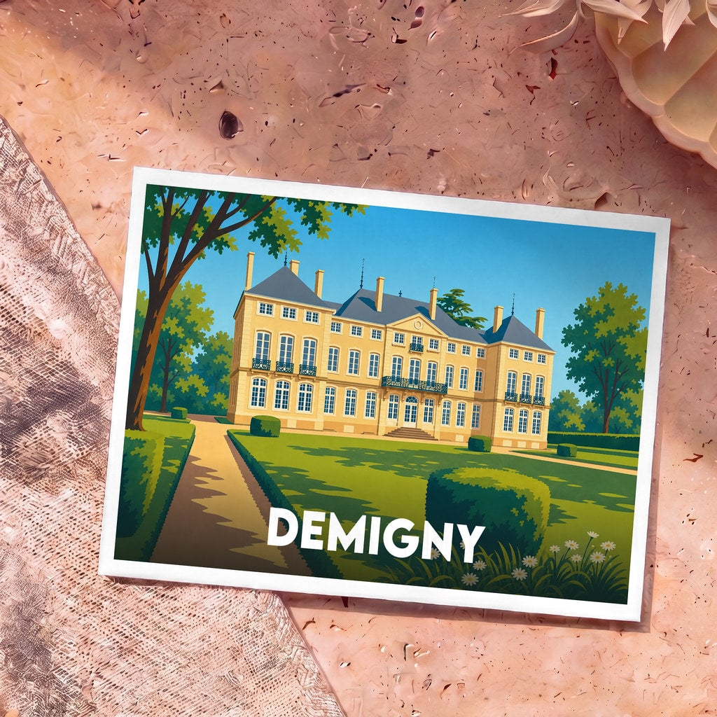 Carte postale souvenir de la ville de Demigny illustrant son château dans un style graphique épuré.