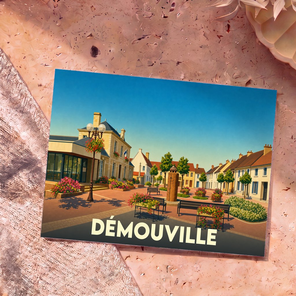 Carte postale souvenir de la ville de Démouville avec une illustration stylisée et colorée de sa place principale.
