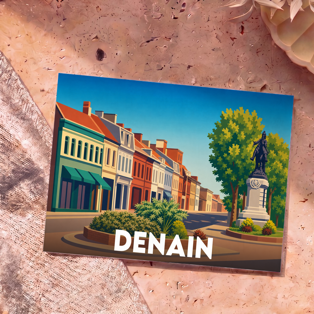 Carte postale souvenir de la ville de Denain présentant une illustration stylisée de ses rues et d'une statue.