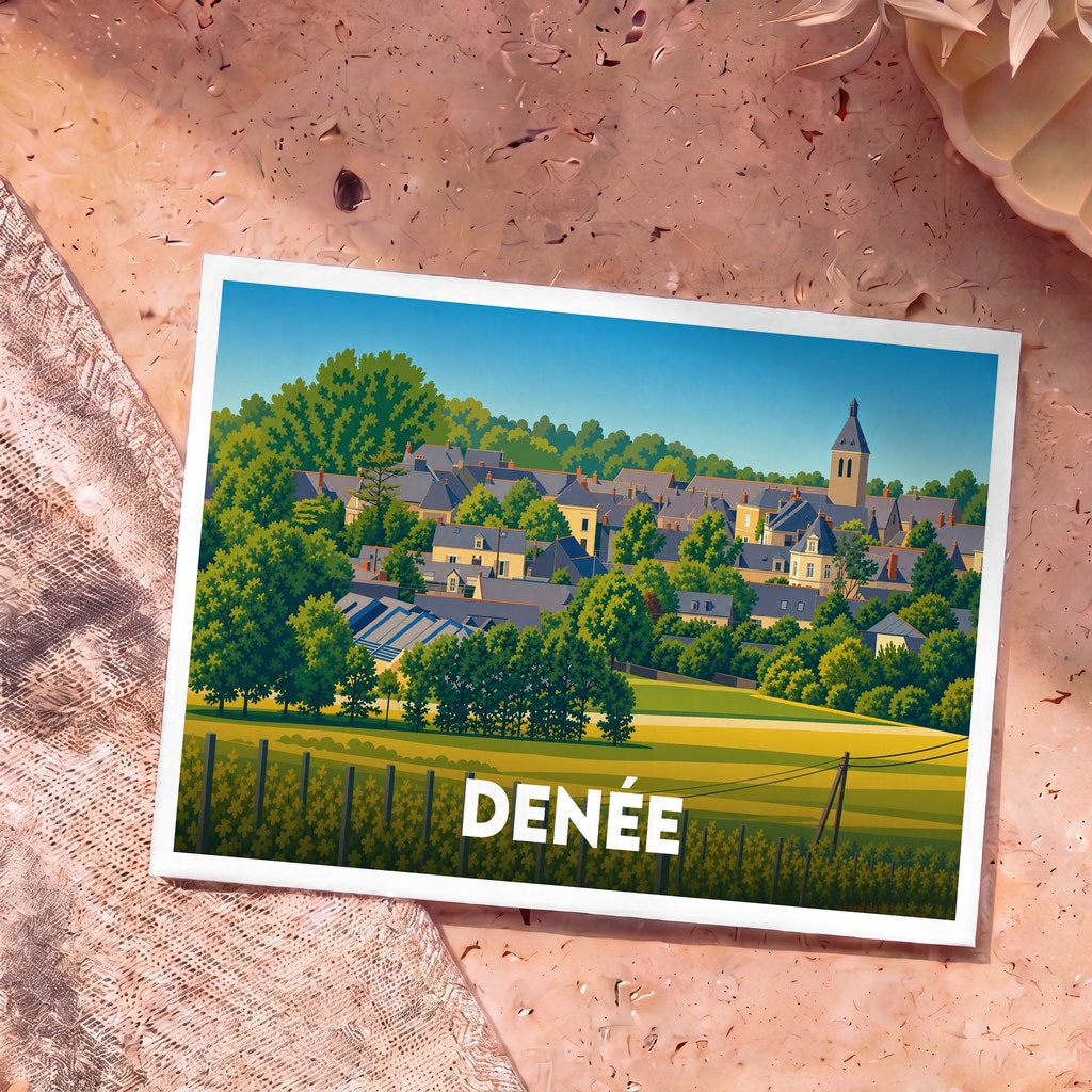 Carte postale souvenir de la ville de Denée avec une illustration stylisée.