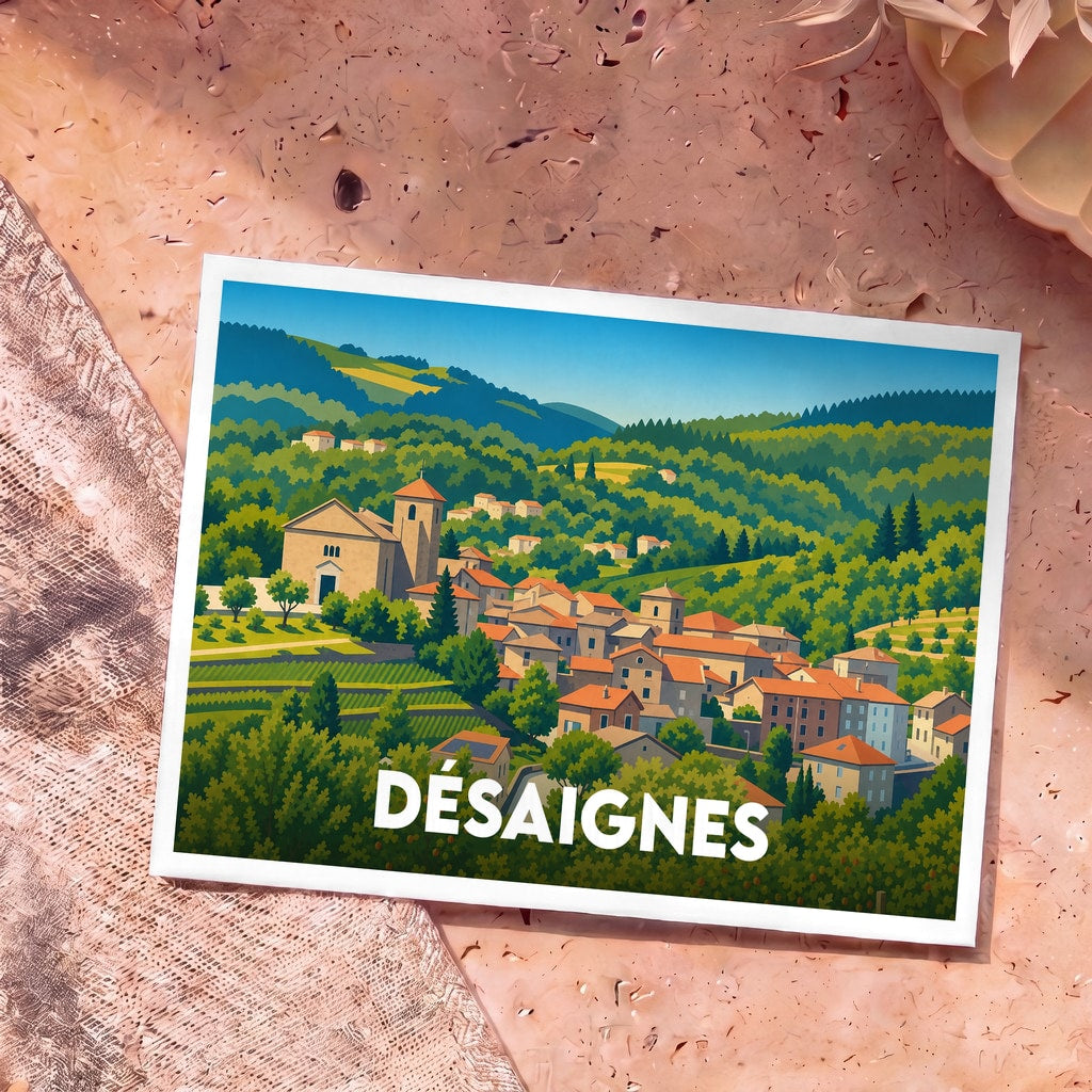 Carte postale souvenir de la ville de Désaignes illustrant son village niché dans une vallée verdoyante.