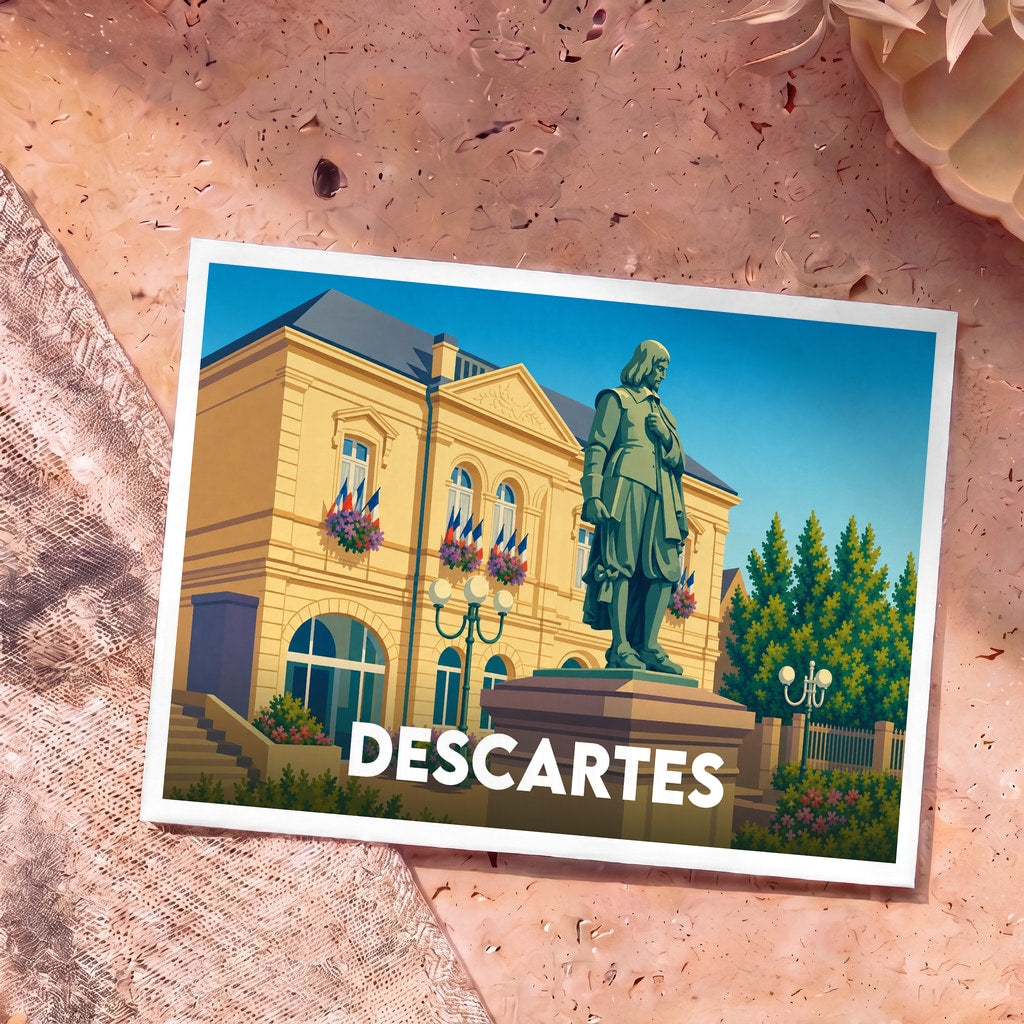 Carte postale souvenir de la ville de Descartes avec une illustration stylisée de la statue du philosophe devant la mairie.