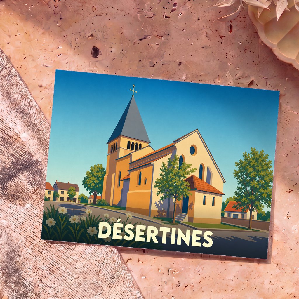 Carte postale souvenir de la ville de Désertines avec une illustration stylisée de son église.