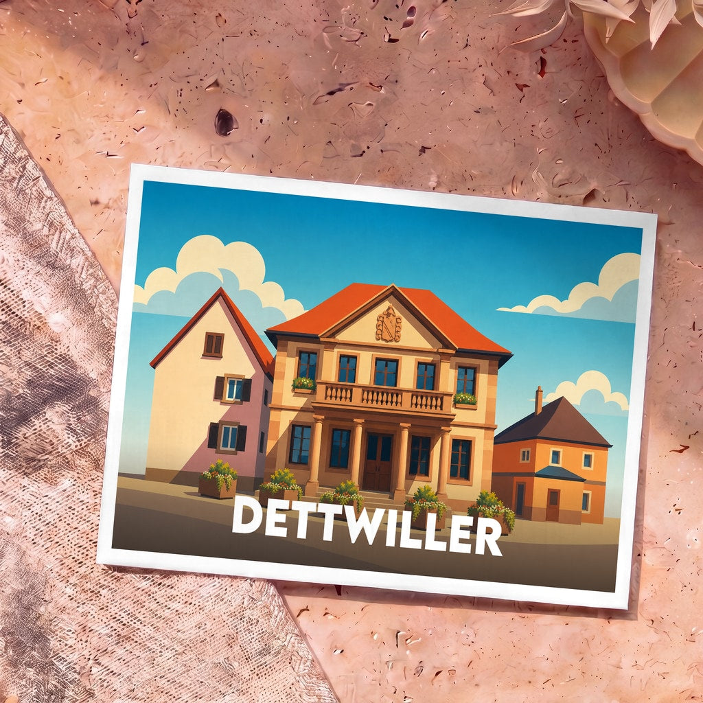 Carte postale souvenir de la ville de Dettwiller avec une illustration stylisée de ses bâtiments typiques.