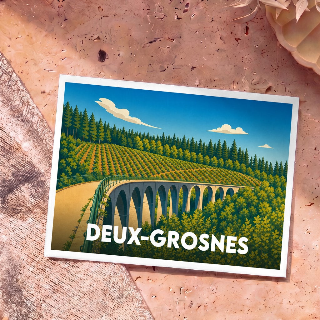 Carte postale souvenir de la commune de Deux-Grosnes avec une illustration stylisée d'un viaduc traversant une forêt et des collines.