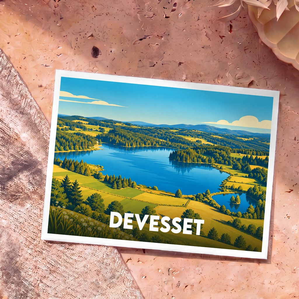 Carte postale souvenir de Devesset arborant une illustration stylisée de son lac et de ses paysages verdoyants.
