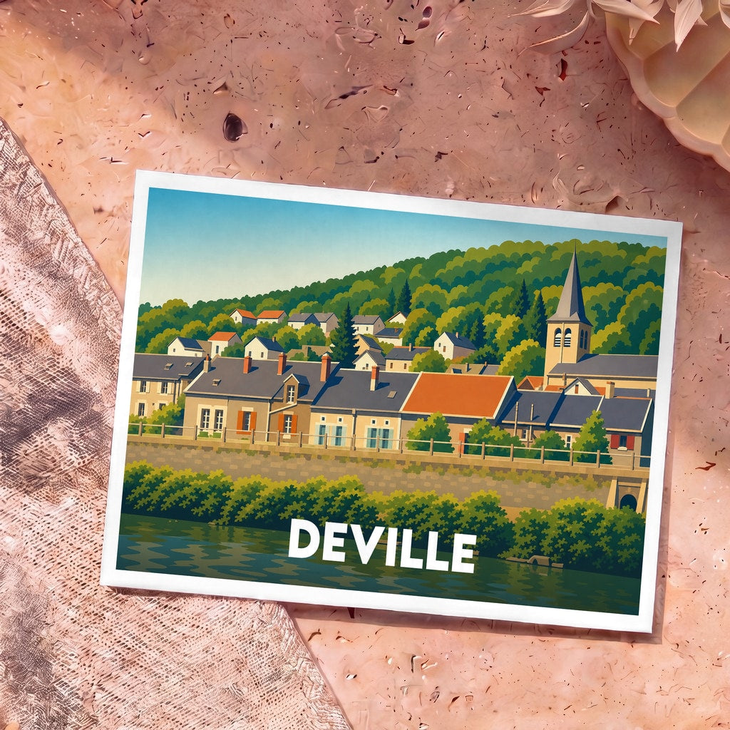 Carte postale souvenir de la ville de Deville avec une illustration stylisée représentant un village au bord de l'eau.