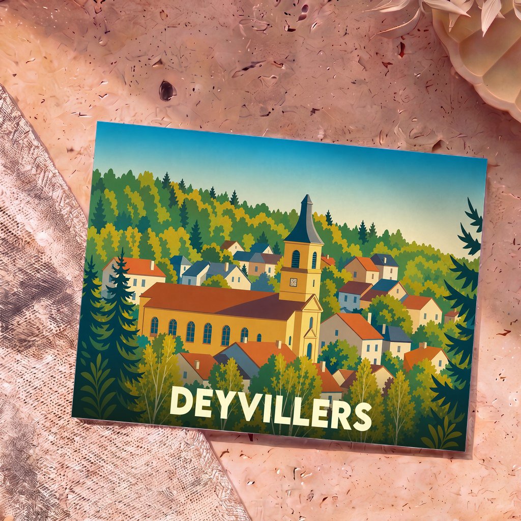Carte postale souvenir de la ville de Deyvillers avec une illustration stylisée d'un village niché dans la forêt.