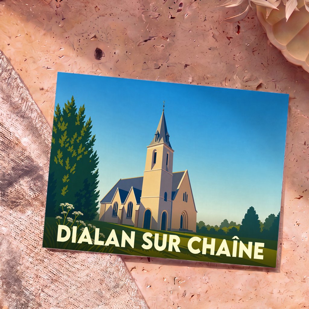 Carte postale souvenir de la ville de Dialan sur Chaîne avec une illustration stylisée de son église sous un ciel bleu.