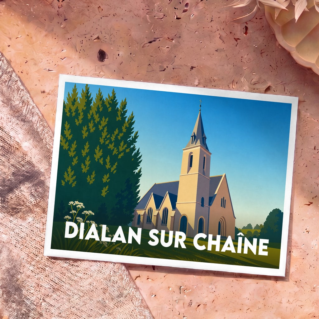 Carte postale souvenir de la ville de Dialan sur Chaîne avec une illustration stylisée de son église sous un ciel bleu.