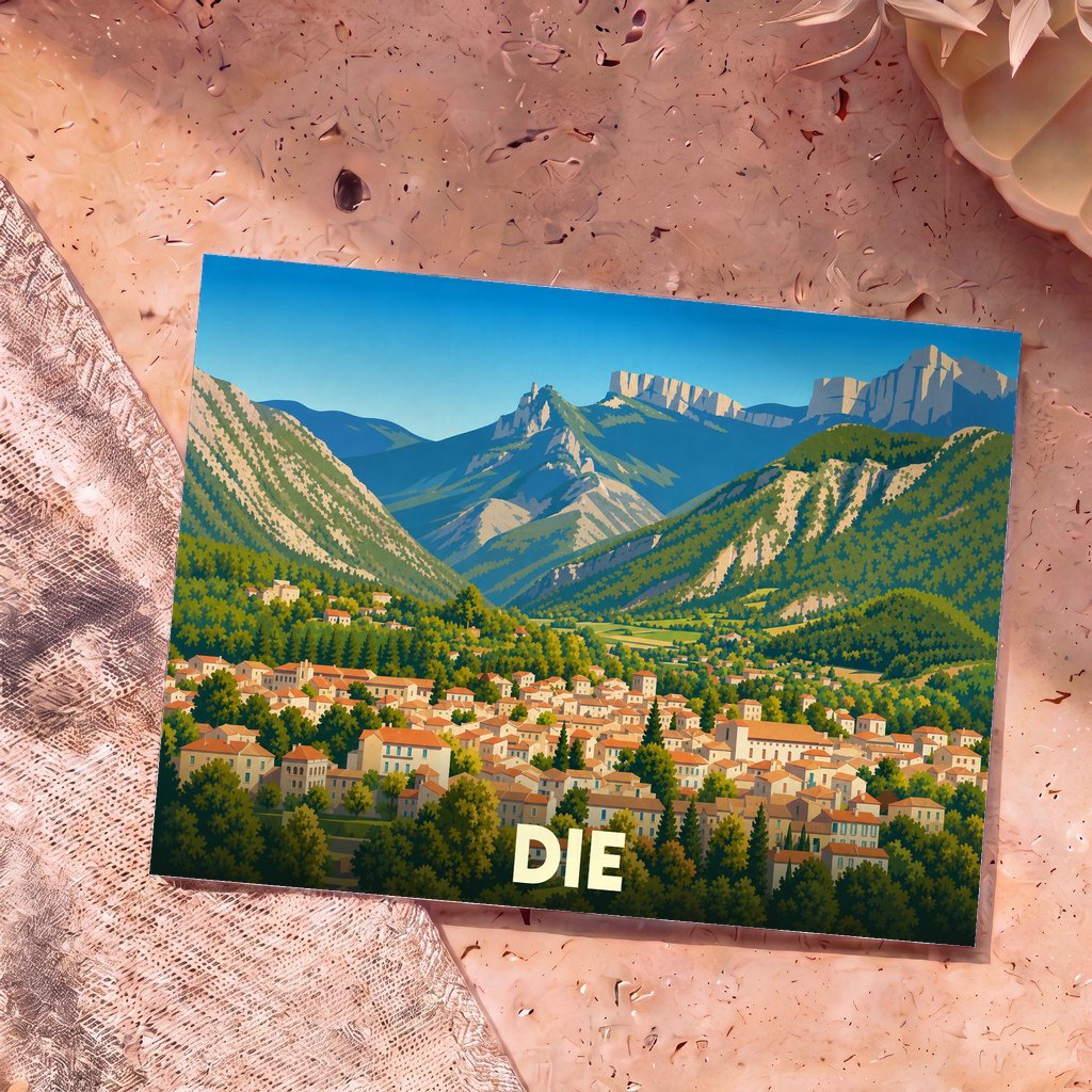 Carte postale souvenir de la ville de Die avec une illustration stylisée d'un village de montagne.