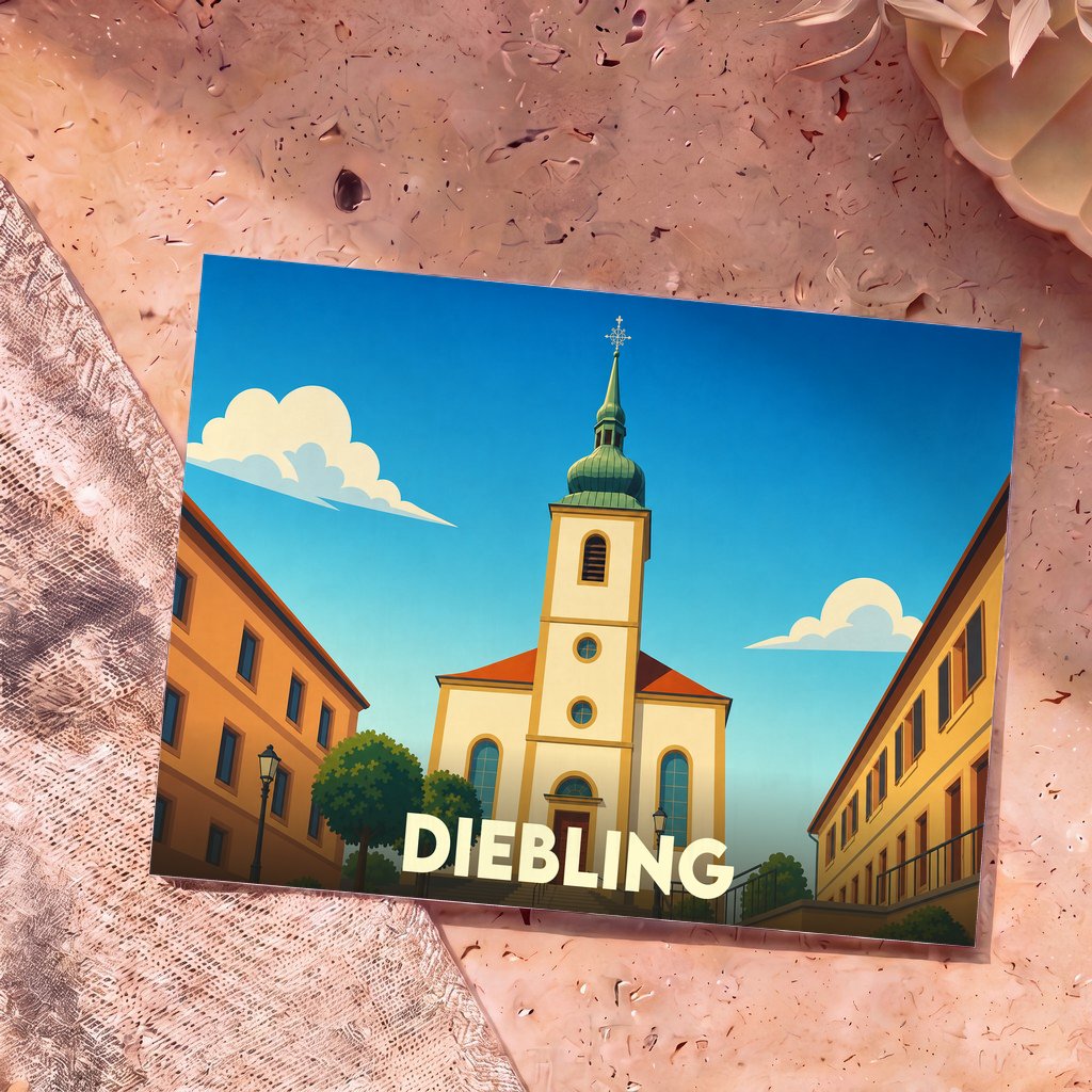 Carte postale souvenir de la ville de Diebling avec une illustration stylisée de son église et de ses bâtiments colorés.