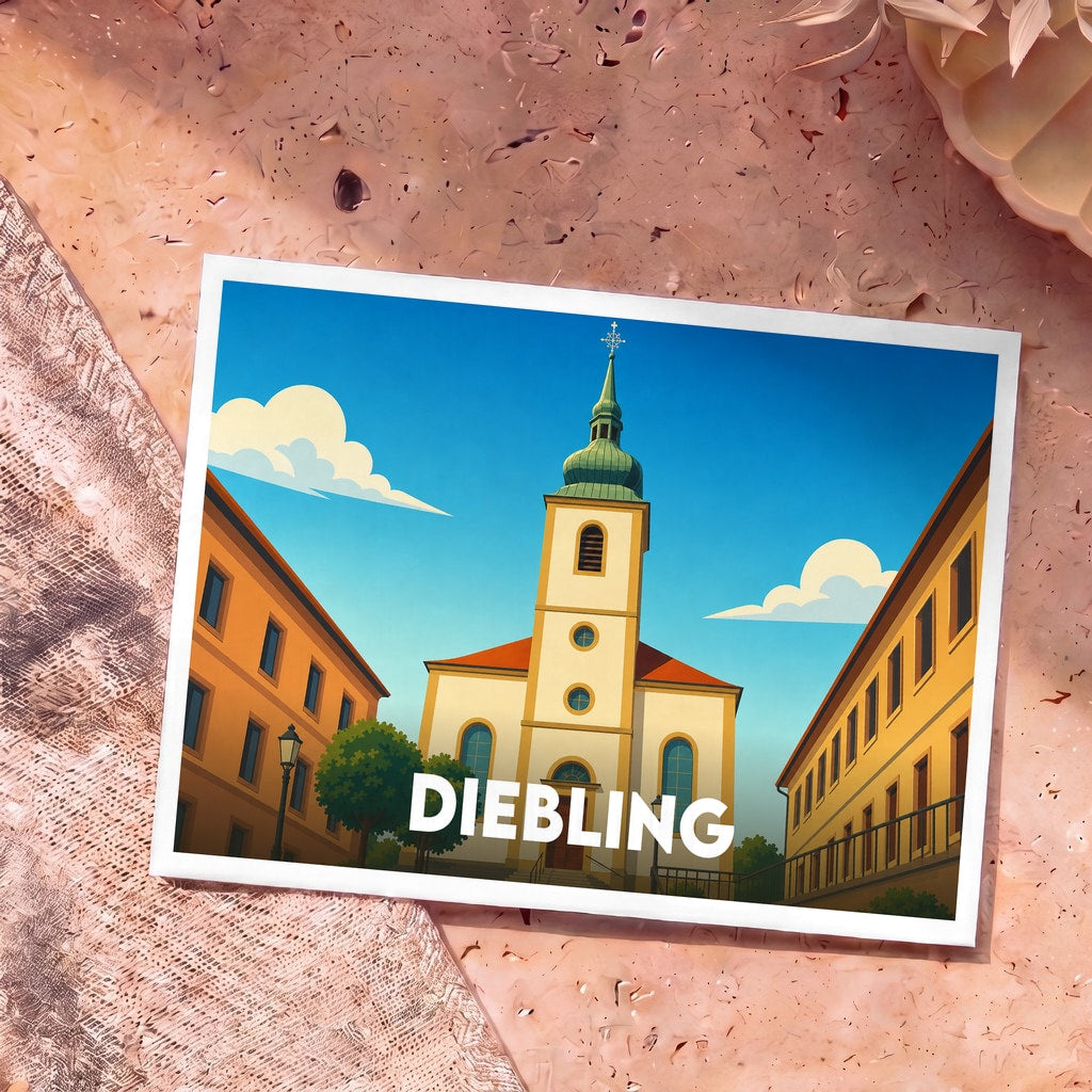 Carte postale souvenir de la ville de Diebling avec une illustration stylisée de son église et de ses bâtiments colorés.