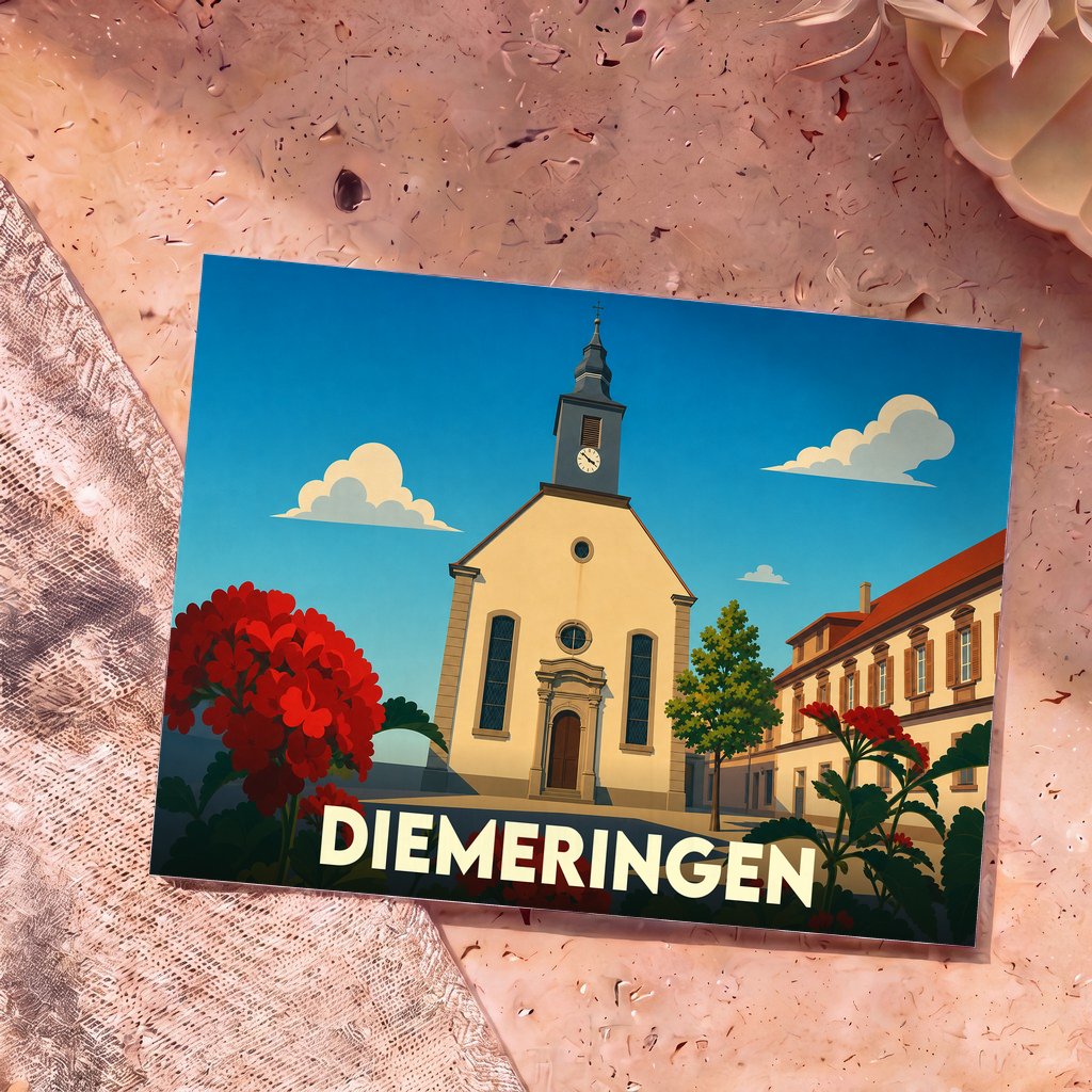 Carte postale souvenir de la ville de Diemeringen avec une illustration stylisée de son église protestante sous un ciel bleu.