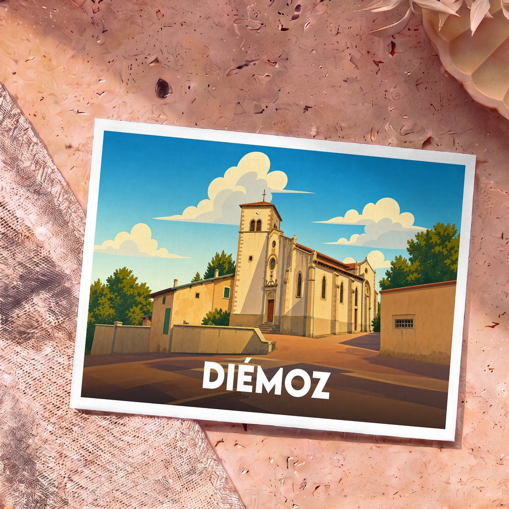 Carte postale souvenir de la ville de Diémoz avec une illustration stylisée de son église sous un ciel nuageux.