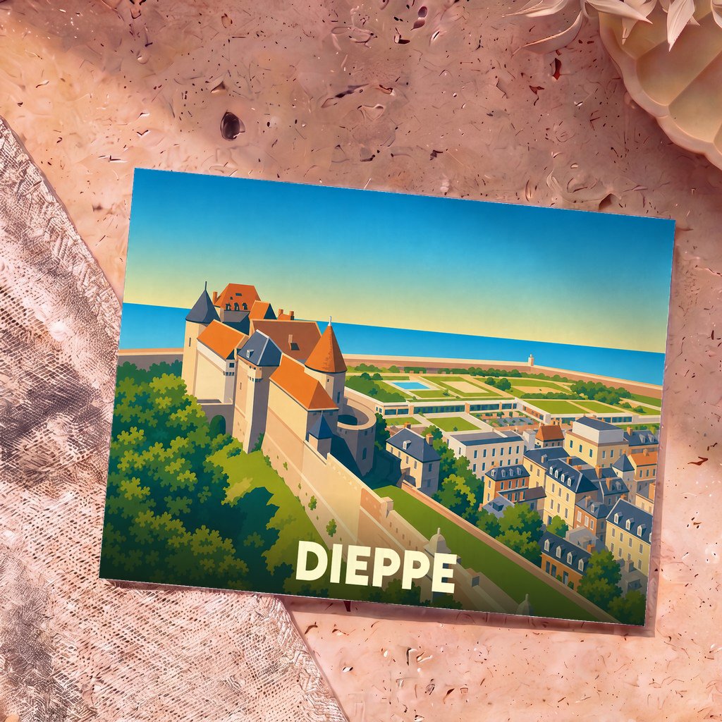Carte postale souvenir de la ville de Dieppe avec une illustration stylisée du château surplombant la mer.