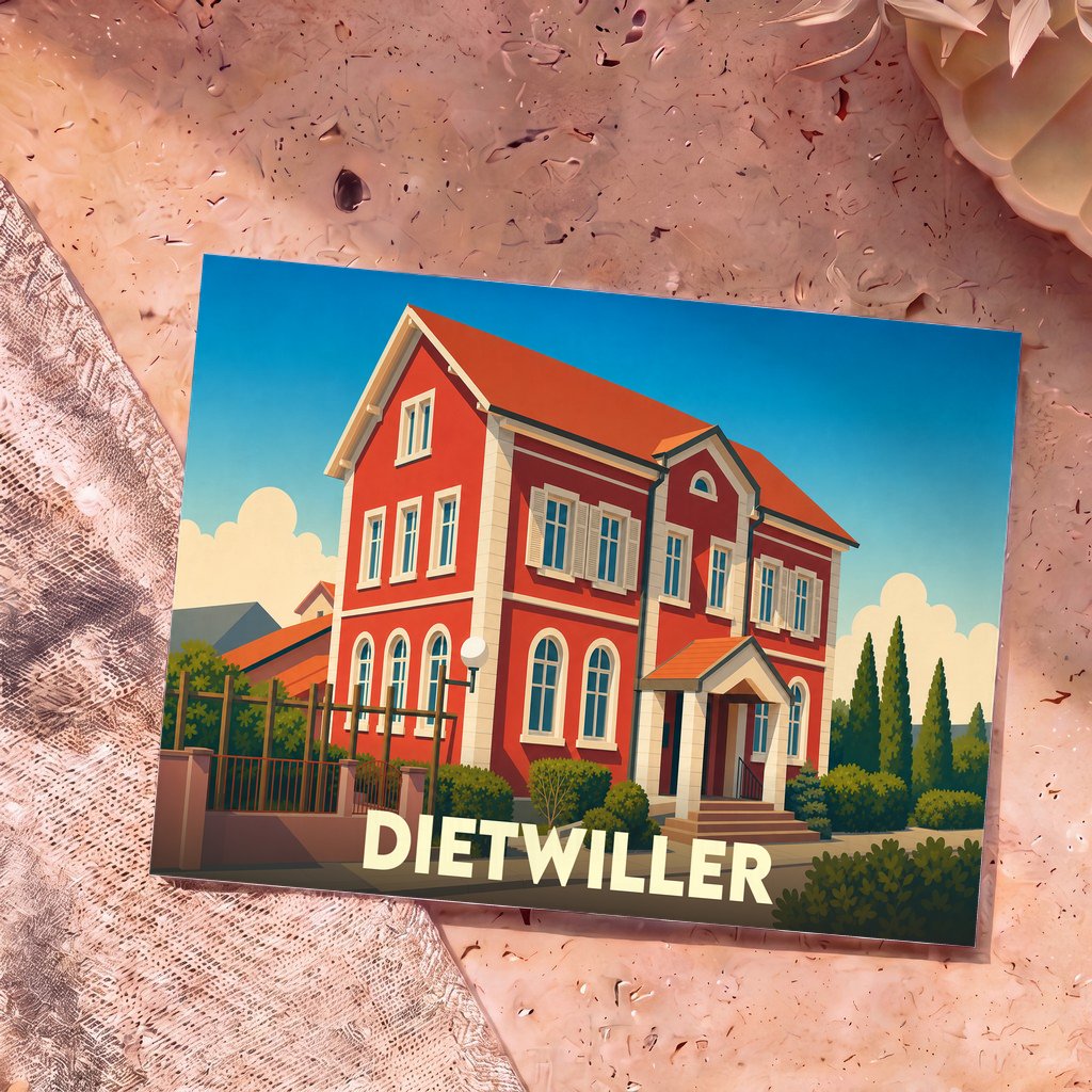 Carte postale souvenir de la ville de Dietwiller avec une illustration stylisée d'une grande maison rouge.
