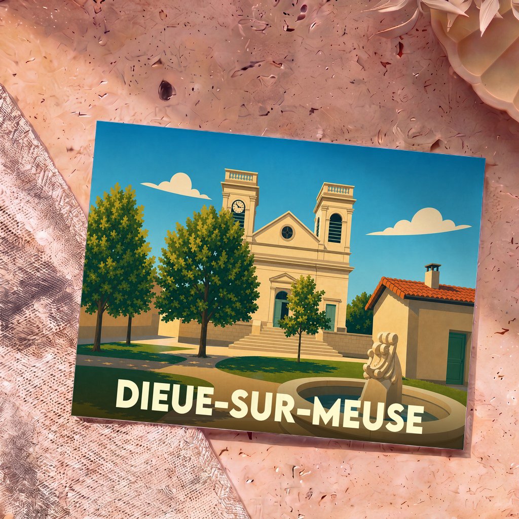 Carte postale souvenir de la ville de Dieue-sur-Meuse avec une illustration stylisée de son église et d'une fontaine.