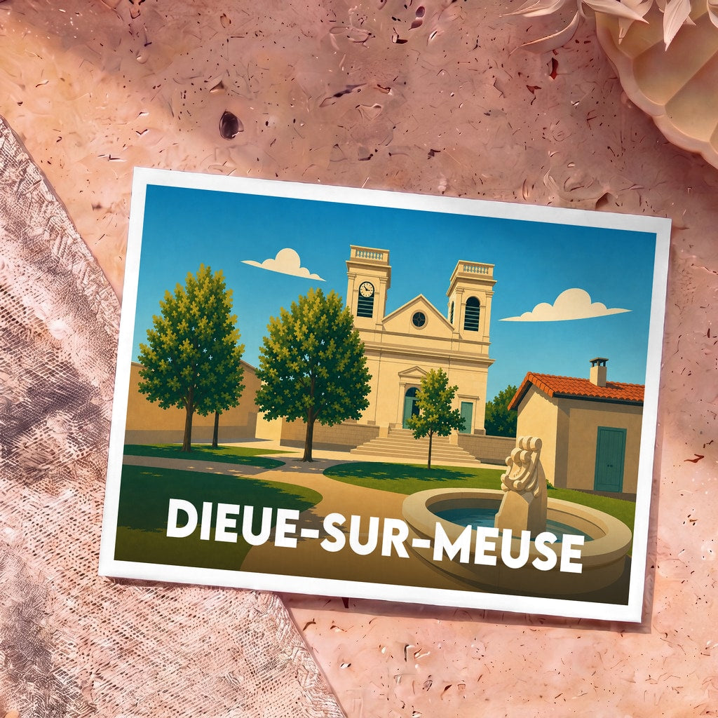 Carte postale souvenir de la ville de Dieue-sur-Meuse avec une illustration stylisée de son église et d'une fontaine.