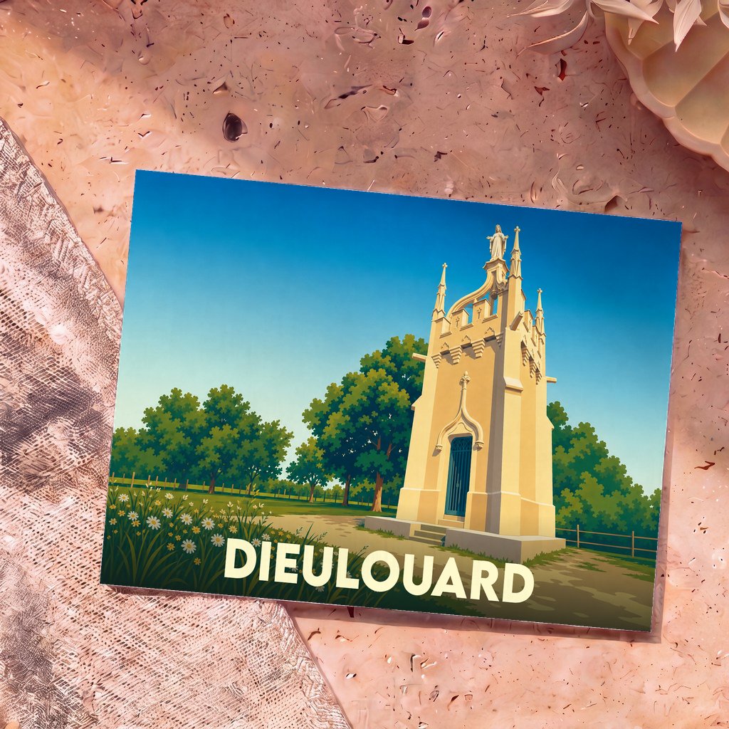 Carte postale souvenir de la ville de Dieulouard avec une illustration stylisée d'un monument historique entouré de verdure.