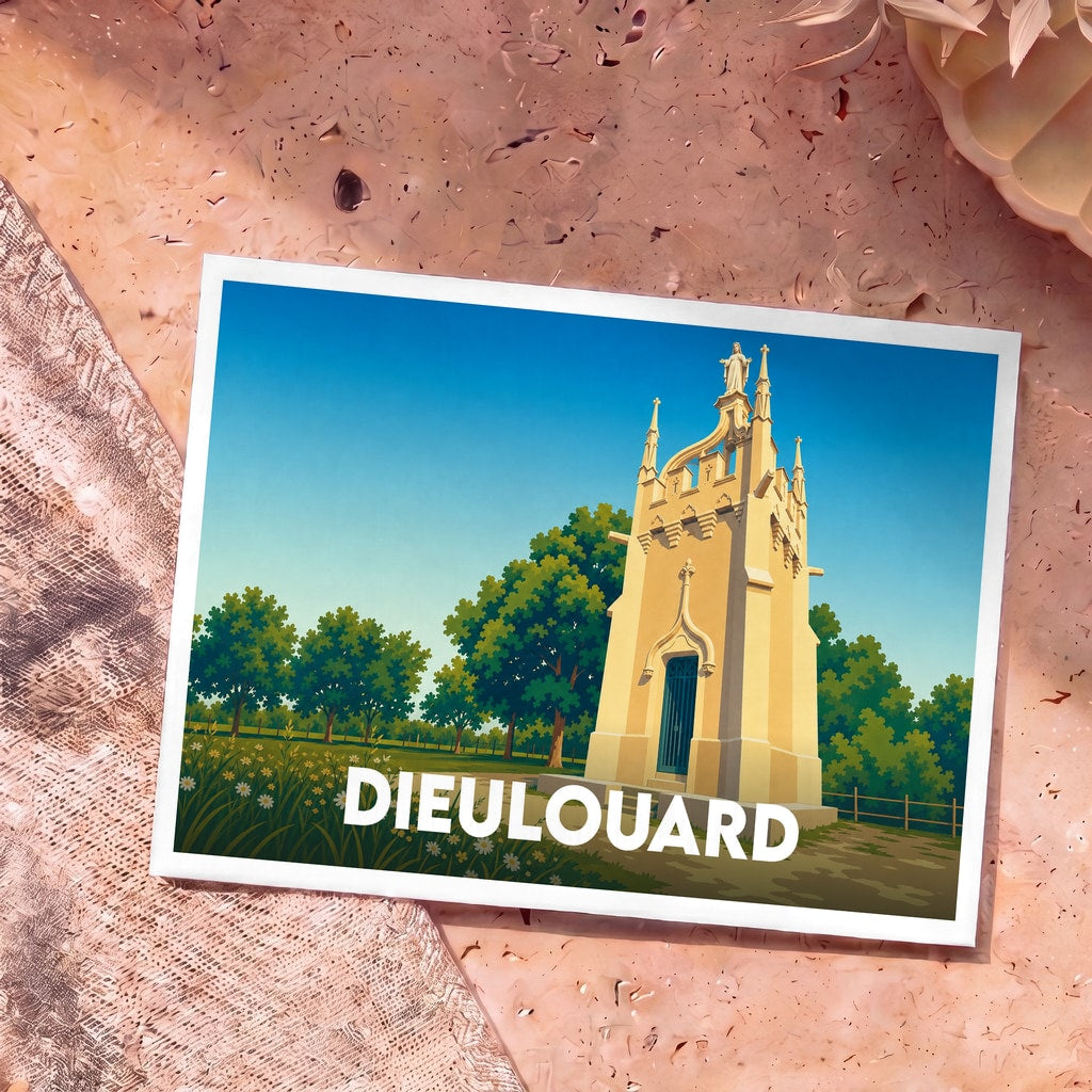 Carte postale souvenir de la ville de Dieulouard avec une illustration stylisée d'un monument historique entouré de verdure.