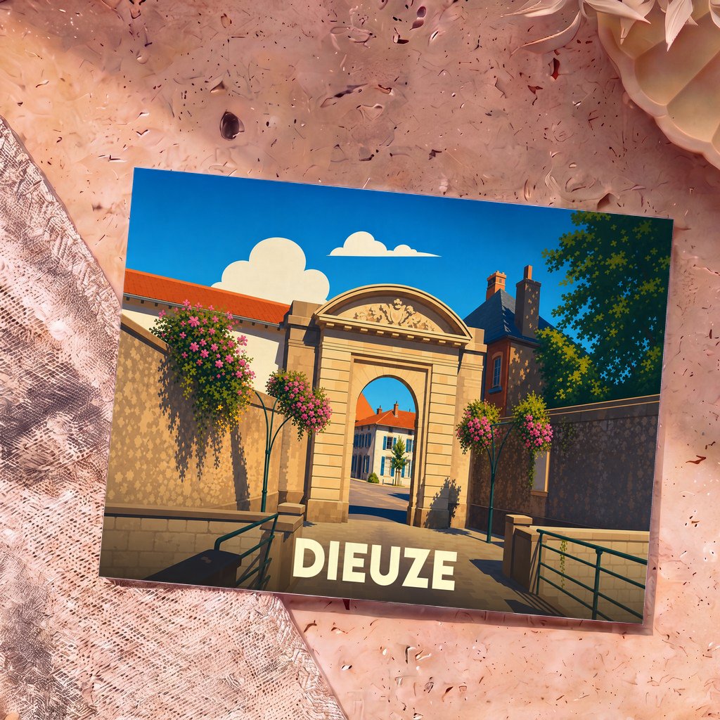 Carte postale souvenir de la ville de Dieuze avec une illustration stylisée de son entrée monumentale.