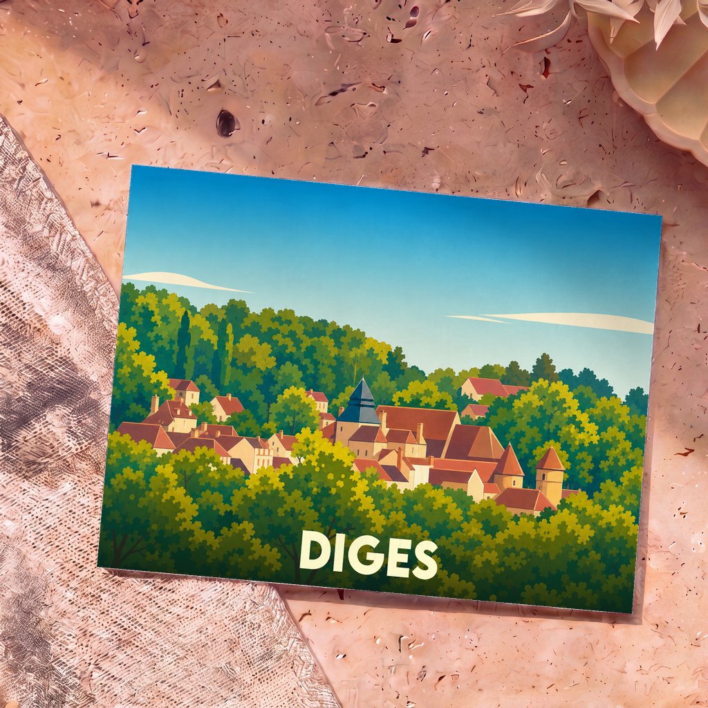 Carte postale souvenir de la ville de Diges avec une illustration stylisée d'un village niché dans la verdure.