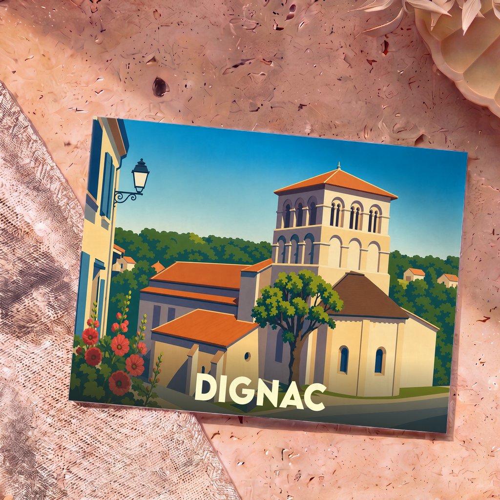 Carte postale souvenir de la ville de Dignac avec une illustration stylisée de son église romane.