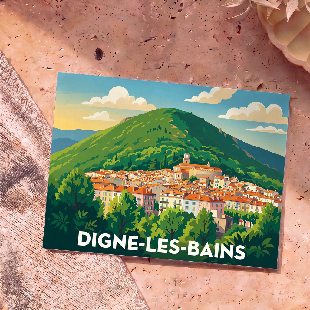 Carte postale souvenir de la ville de Digne-les-Bains avec une illustration stylisée.