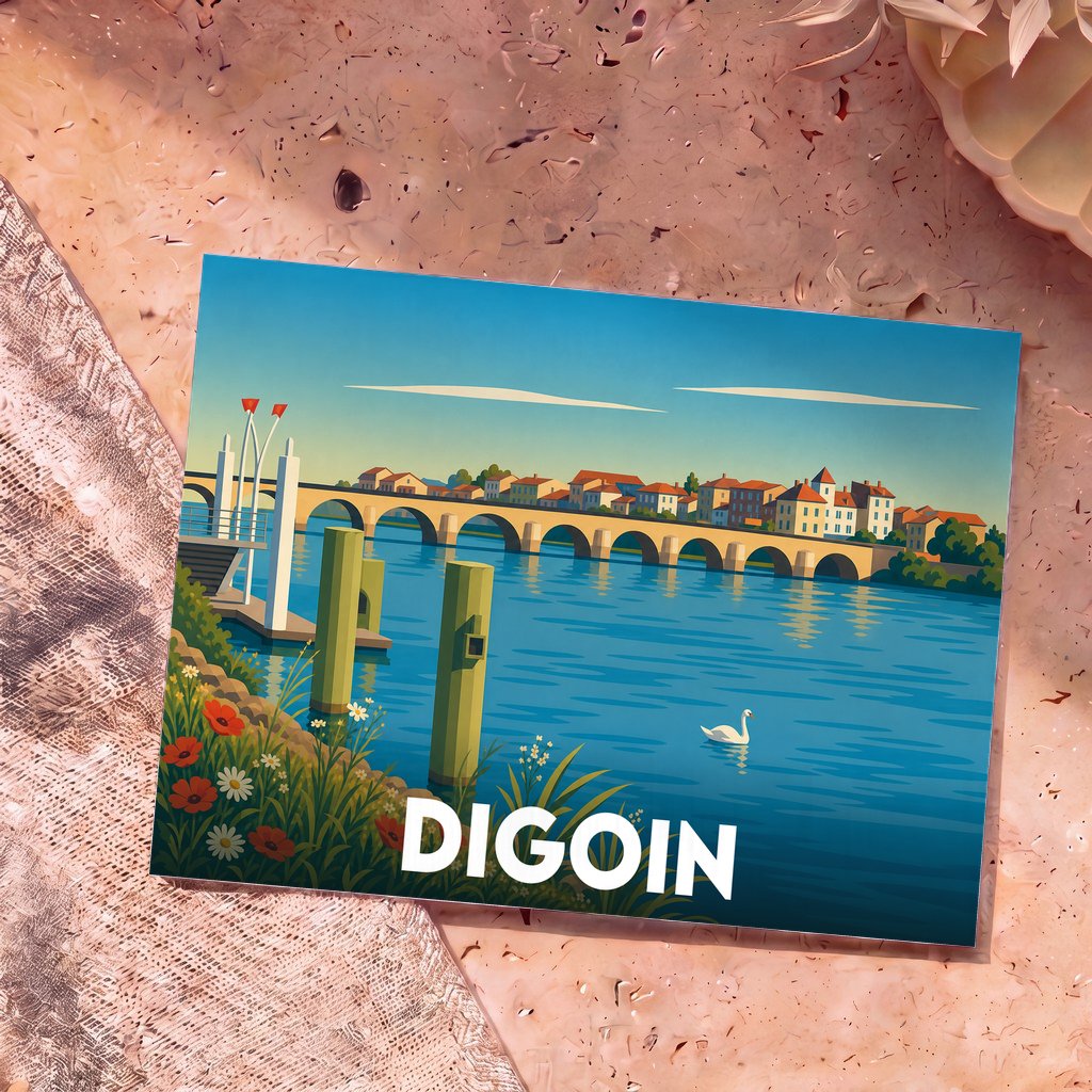 Carte postale souvenir de la ville de Digoin illustrant son célèbre pont-canal et la Loire dans un style rétro.