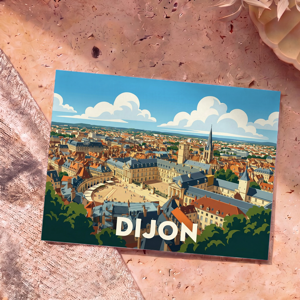 Carte postale souvenir de la ville de Dijon avec une illustration stylisée de son centre historique.