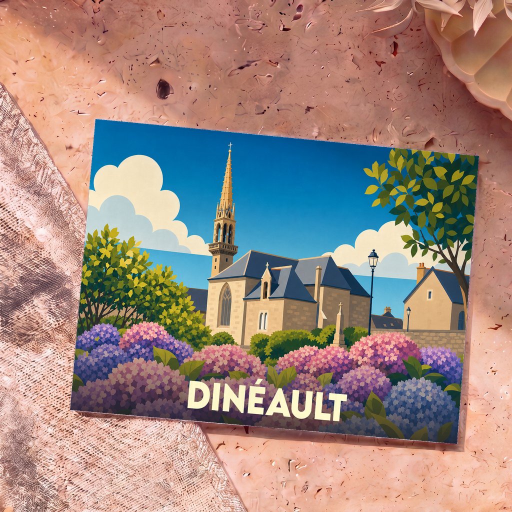 Carte postale souvenir de la ville de Dinéault arborant une illustration stylisée de son église entourée d'hortensias.