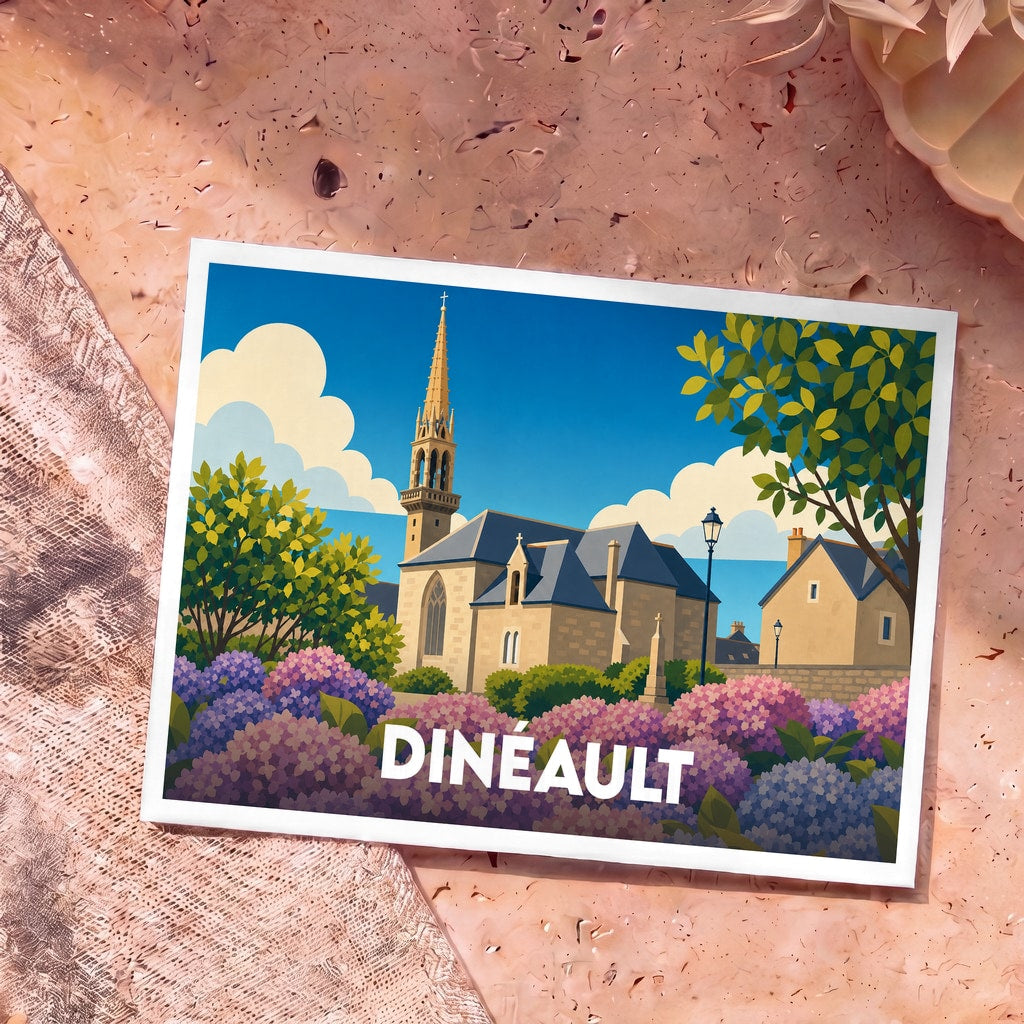 Carte postale souvenir de la ville de Dinéault arborant une illustration stylisée de son église entourée d'hortensias.