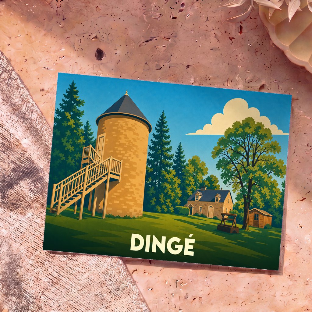 Carte postale souvenir de la ville de Dingé avec une illustration stylisée d'un pigeonnier et d'une maison ancienne.