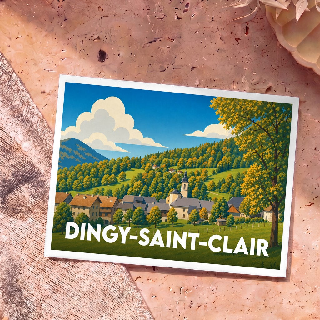 Carte postale souvenir de la ville de Dingy-Saint-Clair avec une illustration stylisée d'un village de montagne.