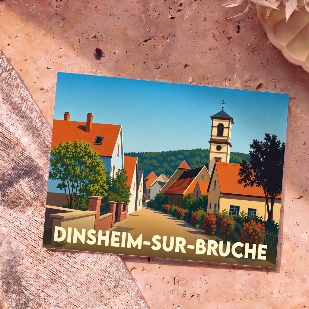 Carte postale souvenir de la ville de Dinsheim-sur-Bruche avec une illustration stylisée.