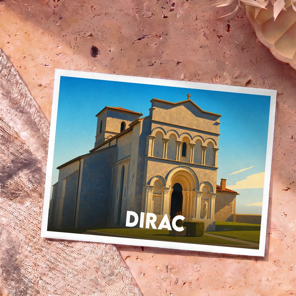 Carte postale souvenir de la ville de Dirac avec une illustration stylisée de son église romane.