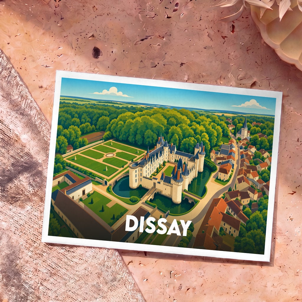 Carte postale souvenir de la ville de Dissay avec une illustration stylisée de son château et de ses jardins.